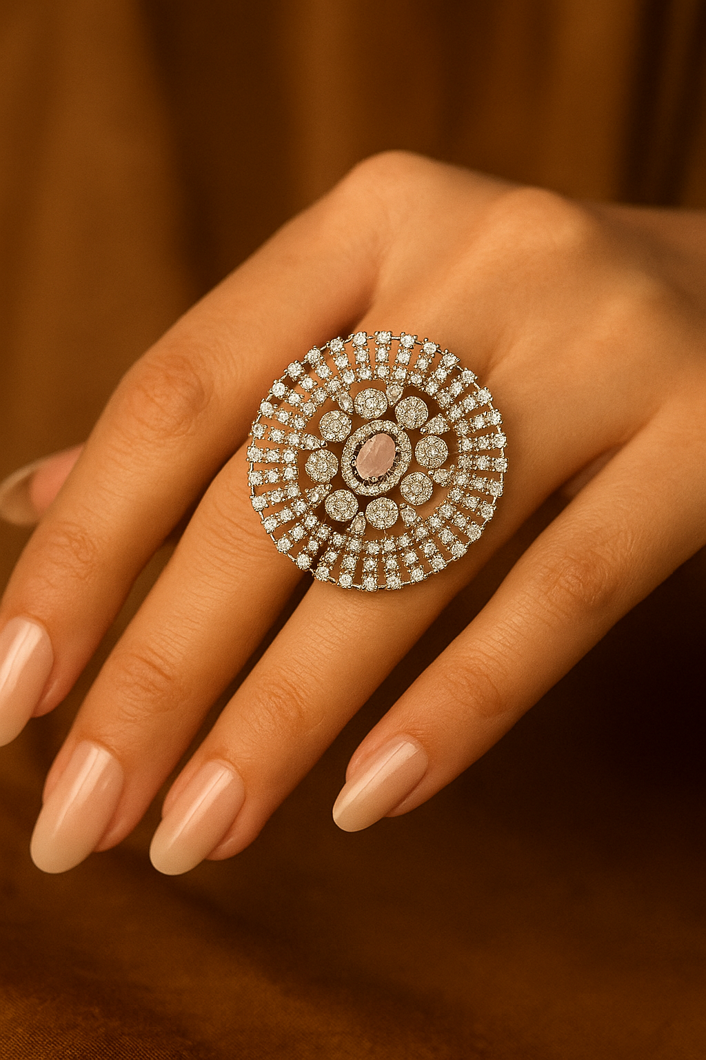 Round CZ Diamond Cocktail Ring – Statement Party Wear Jewellery